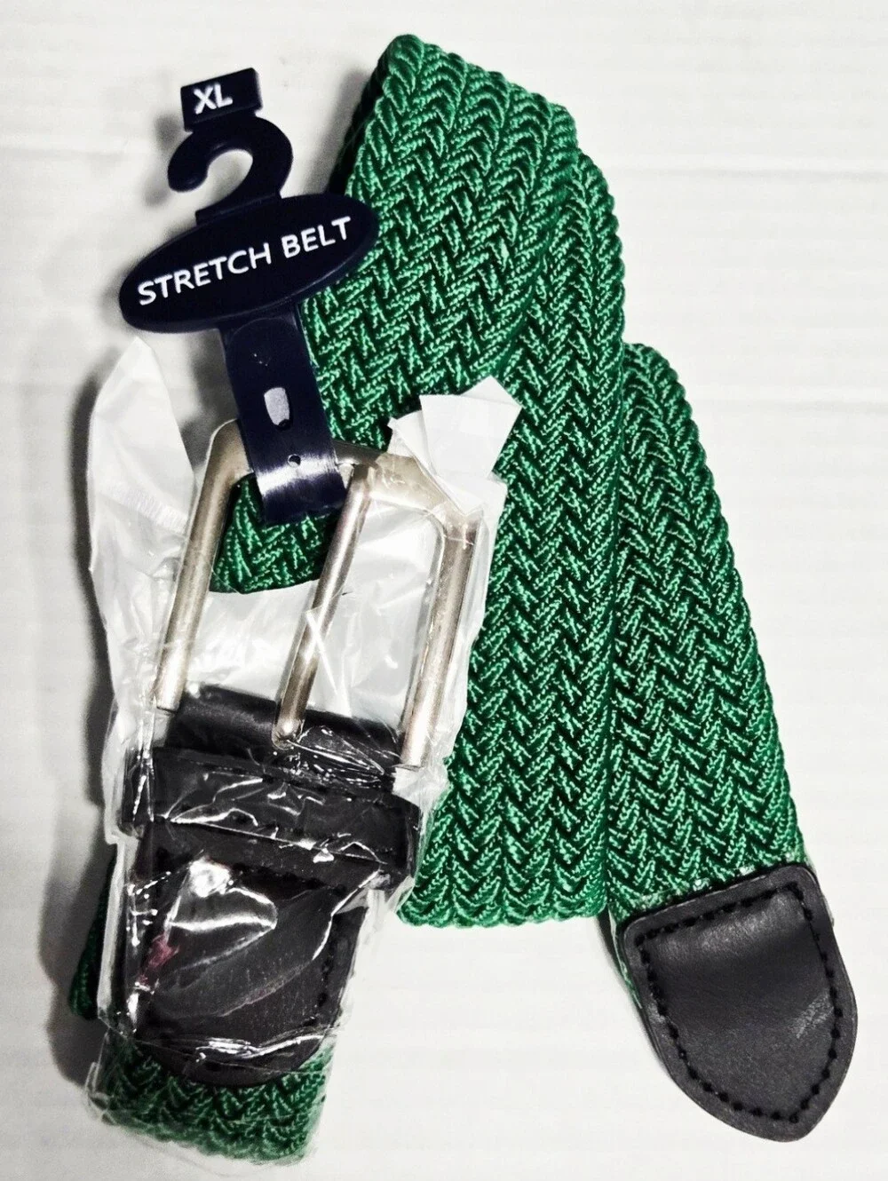 Men's XL Green Stretch Woven Braided Belt Silver Buckle Elastic Casual Golf New